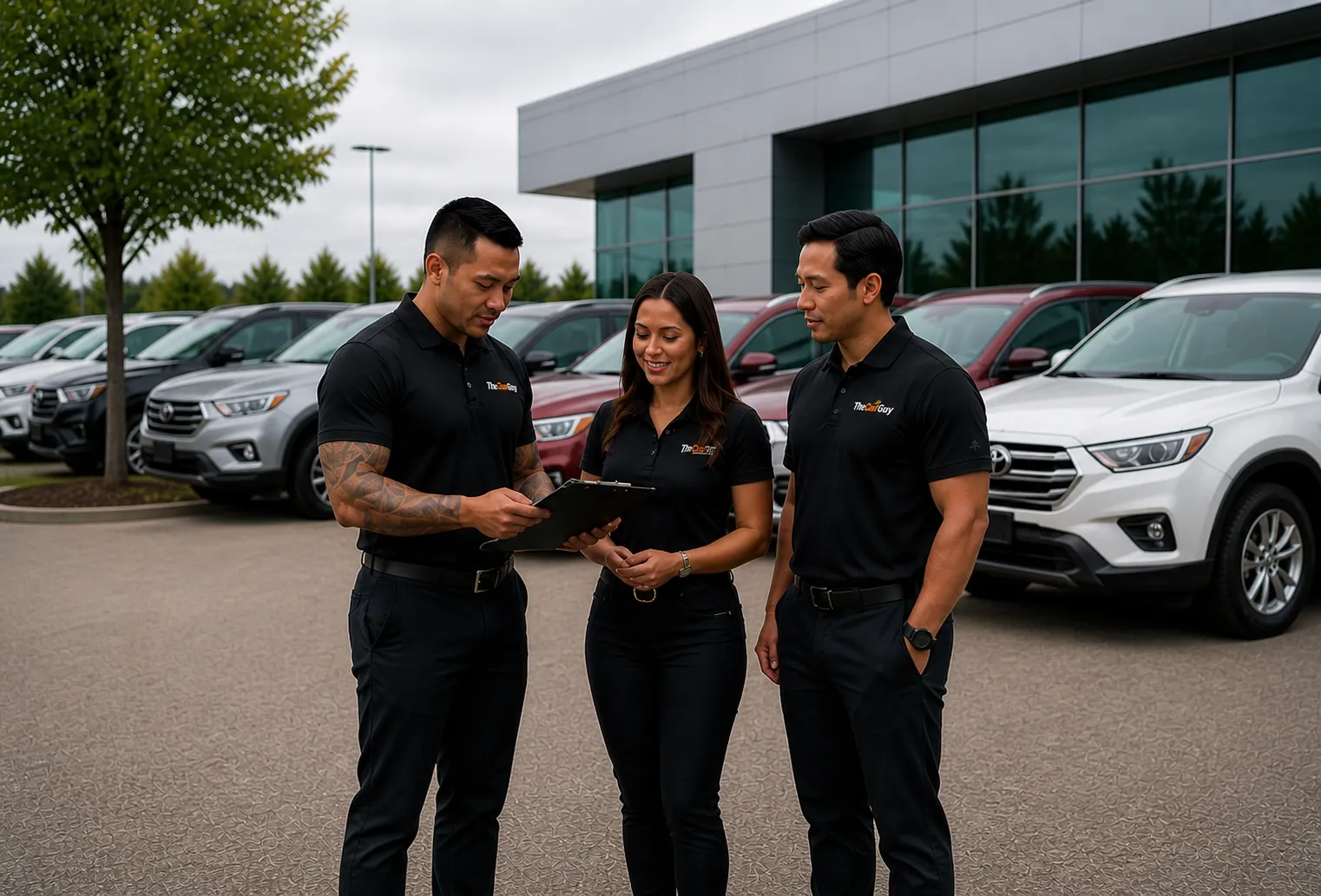 Three dealership team members in matching black polo shirts discuss business on the car lot.